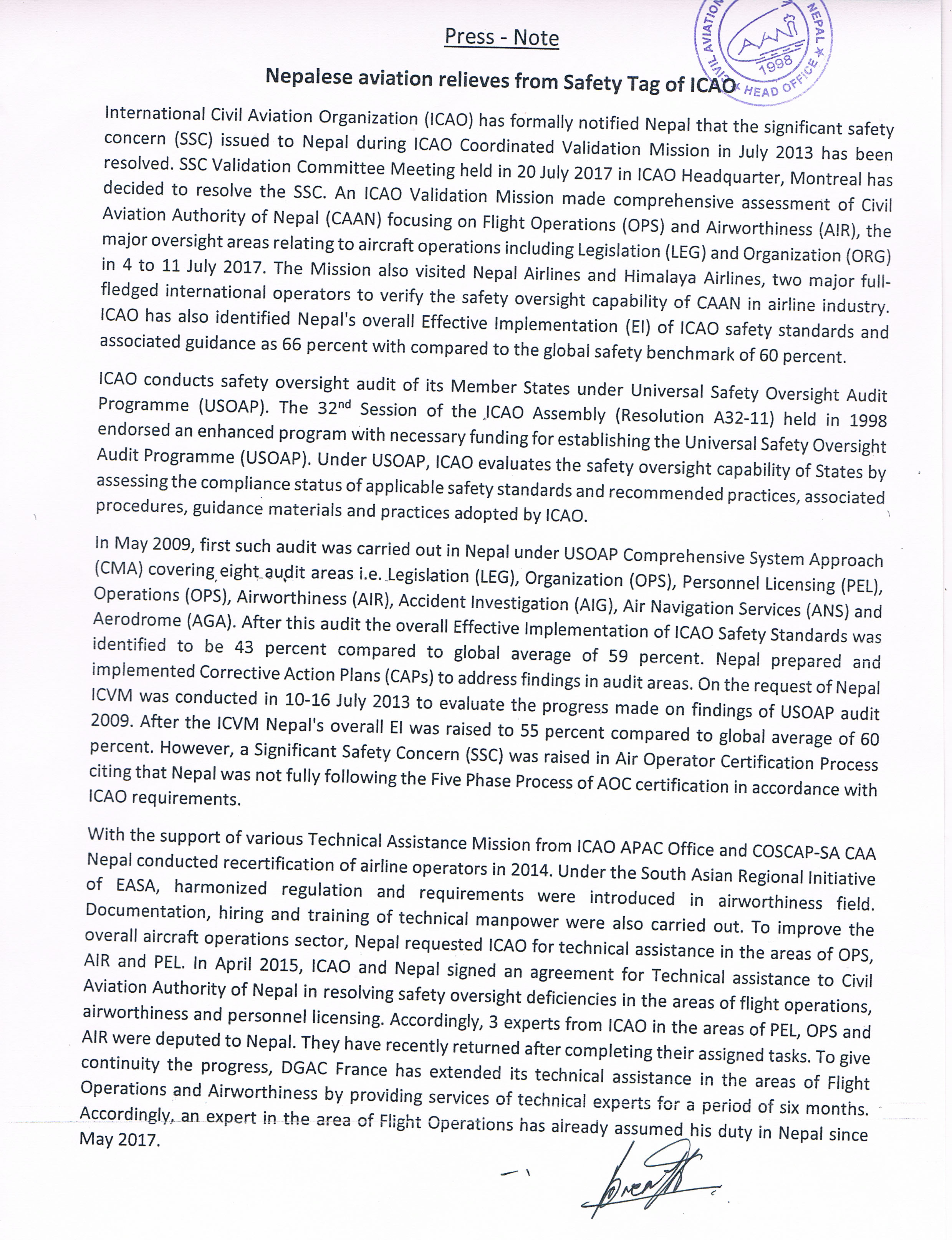 Nepalese Aviation relieves from Safety Tag of ICAO